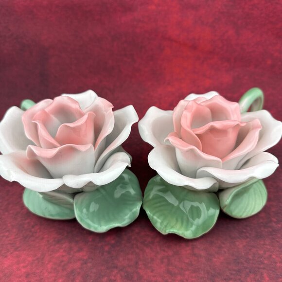CAPODIMONTE PALE PINK ROSE VINTAGE CANDLE HOLDER SITTING GREEN STEM, SET of 2 - Picture 2 of 8